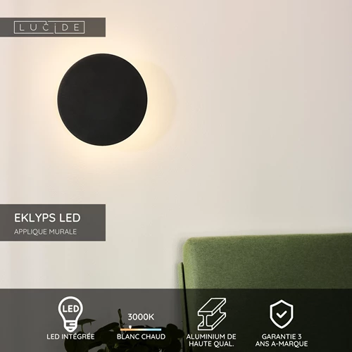 Lucide EKLYPS LED - Applique murale - Ø 25 cm - LED - 1x9W 3000K - Noir - USP